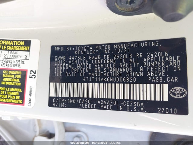 Toyota CAMRY SE 2022 4T1T11AK6NU006820 Image 9
