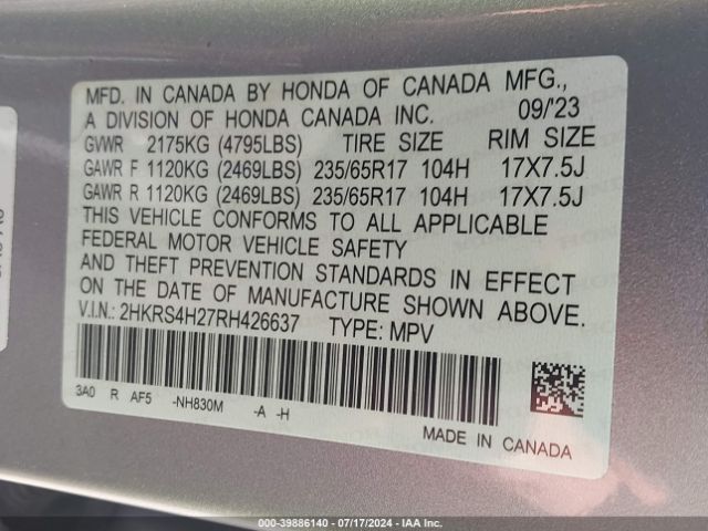 2HKRS4H27RH426637 Honda Cr-v Lx Awd