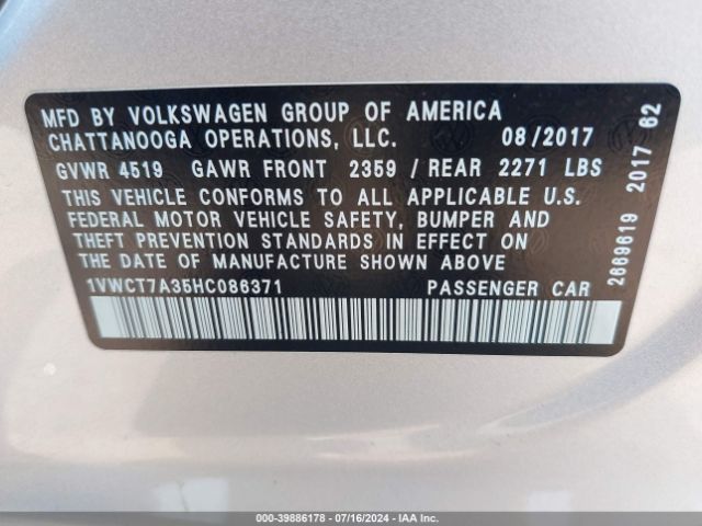 1VWCT7A35HC086371 Volkswagen Passat 1.8t Sel Premium
