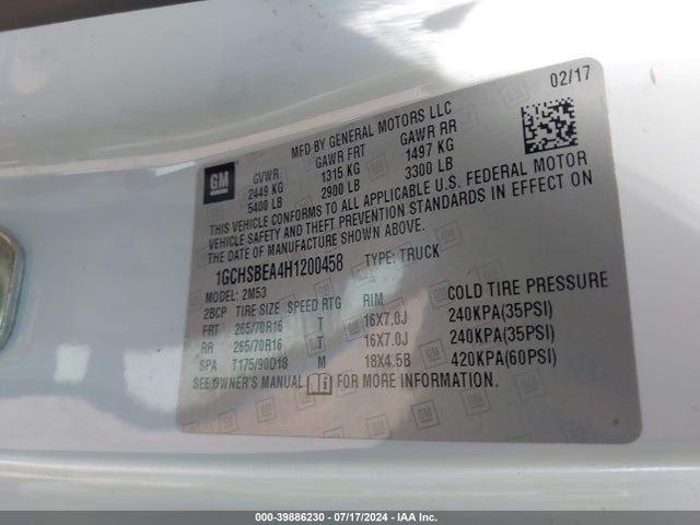 Chevrolet Colorado Wt 2017 1GCHSBEA4H1200458 Image 9