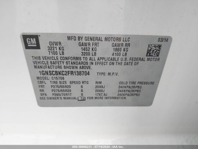 1GNSCBKC2FR138704 Chevrolet Tahoe Lt