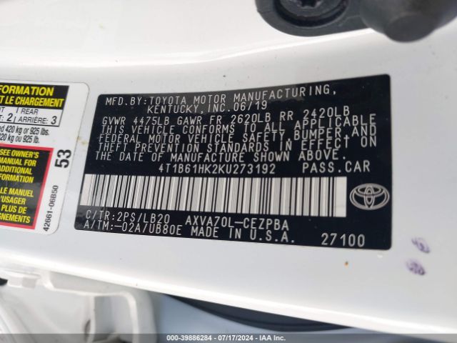 4T1B61HK2KU273192 Toyota CAMRY XSE