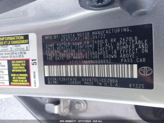 4T1C11AKXNU688892 Toyota CAMRY LE