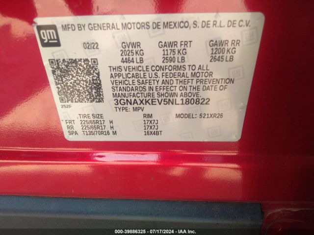 3GNAXKEV5NL180822 Chevrolet Equinox Fwd Lt