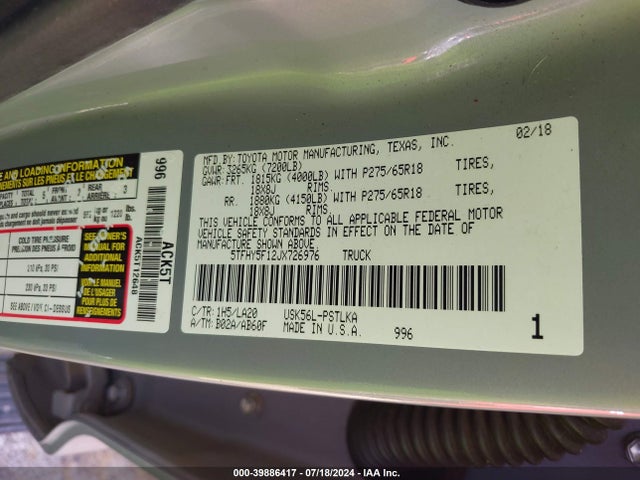 5TFHY5F12JX726976 Toyota Tundra Limited 5.7l V8