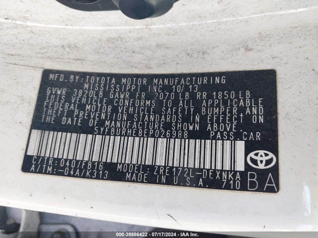 Toyota COROLLA LE 2014 5YFBURHE8EP026988 Image 9