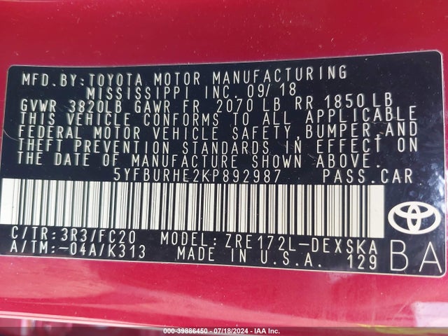Toyota COROLLA SE 2019 5YFBURHE2KP892987 Image 9