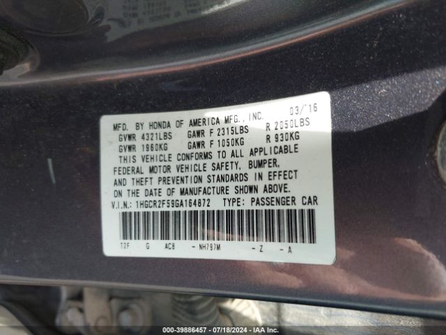 1HGCR2F59GA164872 Honda Accord Sport