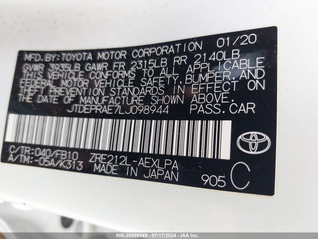 Toyota COROLLA LE 2020 JTDEPRAE7LJ098944 Image 9