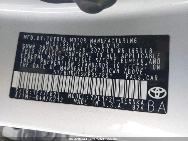 Toyota COROLLA LE 2019 5YFBURHE9KP897801 Image 9