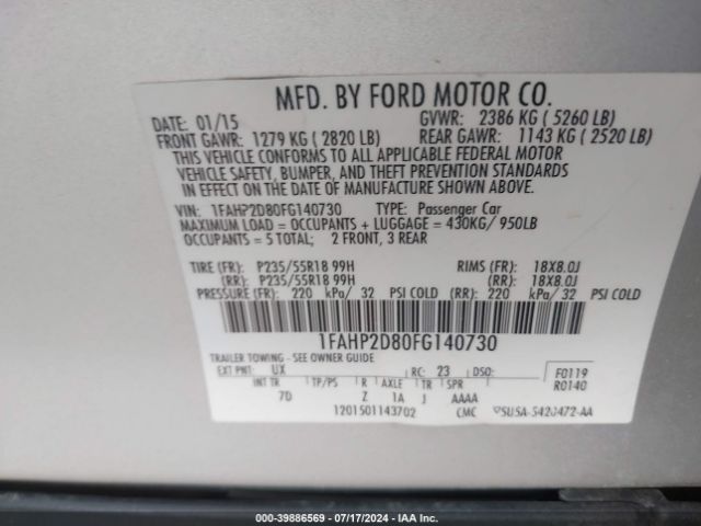 1FAHP2D80FG140730 Ford TAURUS SE