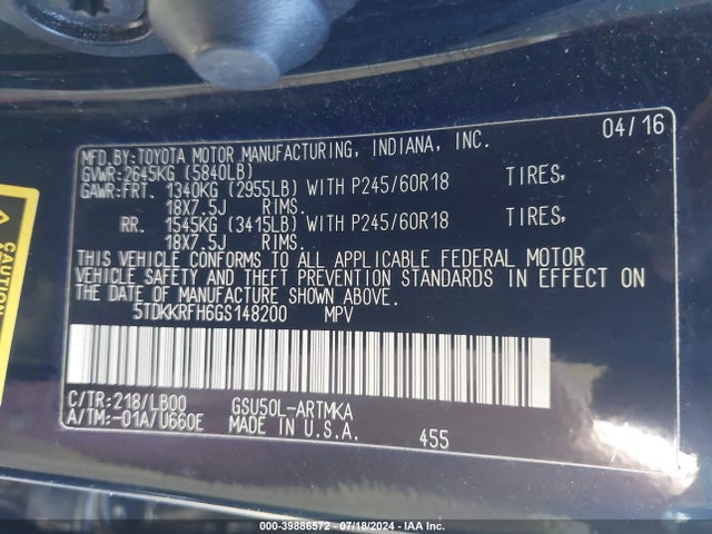 Toyota Highlander Xle V6 2016 5TDKKRFH6GS148200 Image 9