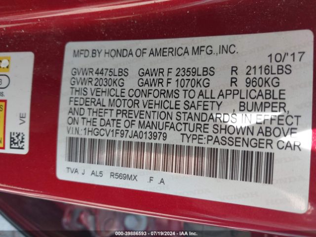 1HGCV1F97JA013979 Honda Accord Touring
