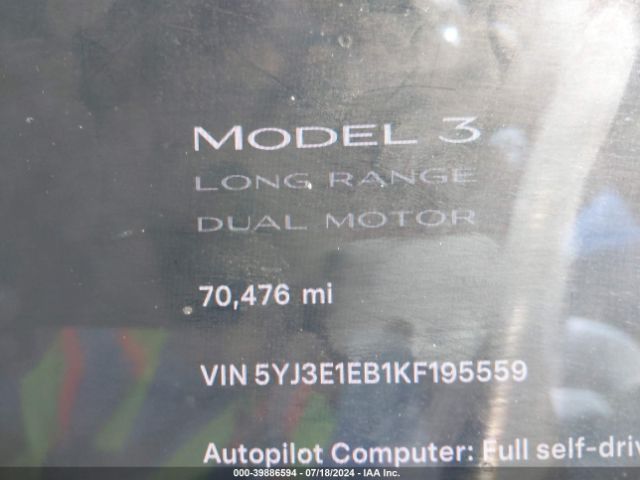 5YJ3E1EB1KF195559 Tesla Model 3 Long Range/performance