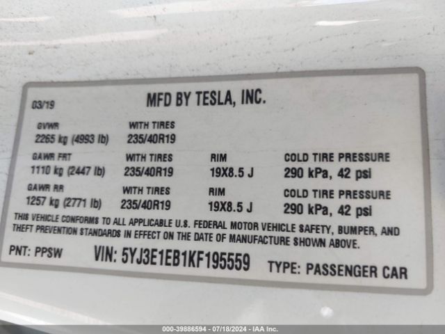 5YJ3E1EB1KF195559 Tesla Model 3 Long Range/performance