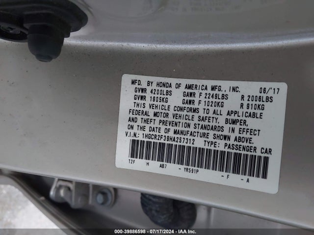 Honda ACCORD LX 2017 1HGCR2F39HA257312 Image 9