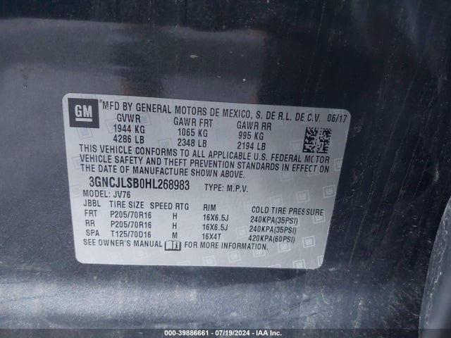 Chevrolet Trax Lt 2017 3GNCJLSB0HL268983 Image 9