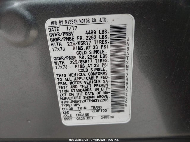 Nissan ROGUE SV 2017 JN8AT2MT7HW392208 Image 9