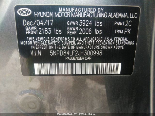 5NPD84LF2JH300998 Hyundai ELANTRA SEL