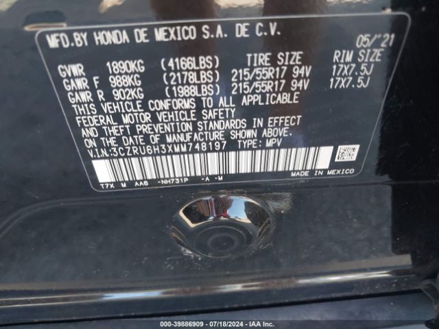 3CZRU6H3XMM748197 Honda Hr-v Awd Lx