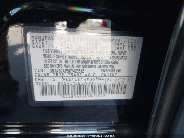 Nissan SENTRA SR 2019 3N1AB7AP5KY423512 Image 9
