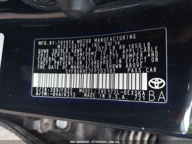 5YFBURHE2FP203102 Toyota Corolla S