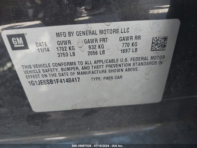 Chevrolet Sonic Ltz Auto 2015 1G1JE6SB1F4148417 Image 9