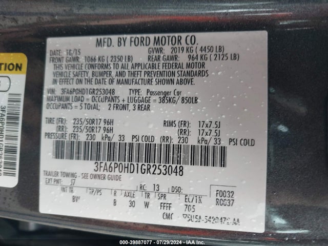 Ford FUSION SE 2016 3FA6P0HD1GR253048 Image 9