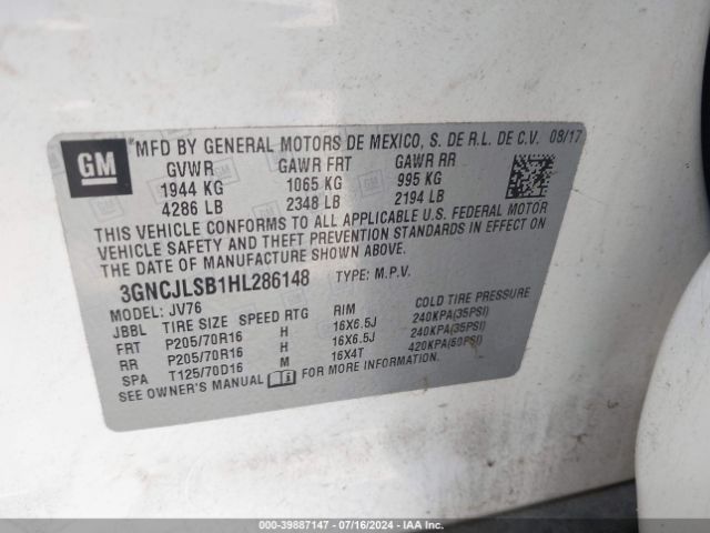 3GNCJLSB1HL286148 Chevrolet Trax Lt