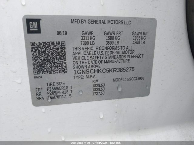 1GNSCHKC5KR385275 Chevrolet Suburban Lt