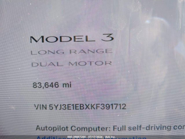 5YJ3E1EBXKF391712 Tesla Model 3 Long Range/performance