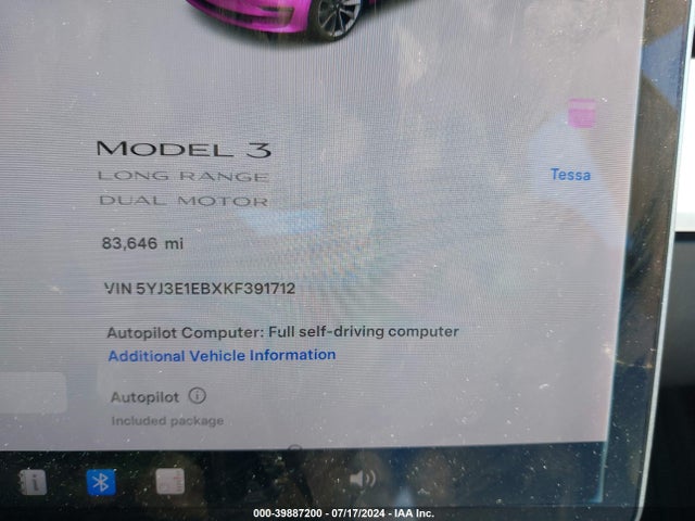 5YJ3E1EBXKF391712 Tesla Model 3 Long Range/performance