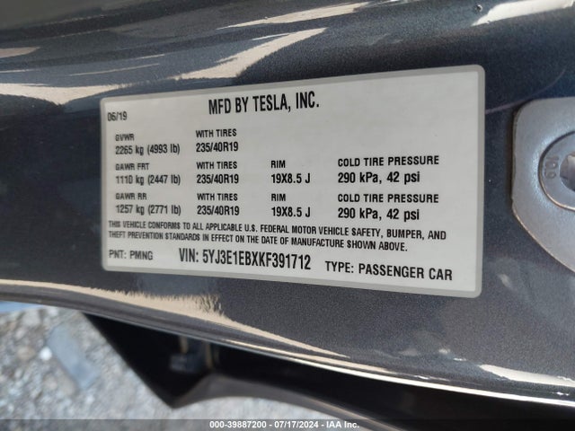 5YJ3E1EBXKF391712 Tesla Model 3 Long Range/performance