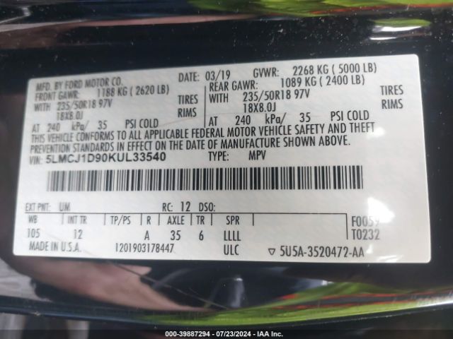 5LMCJ1D90KUL33540 Lincoln Mkc Standard