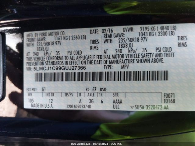 5LMCJ1C99GUJ27366 Lincoln Mkc Premier