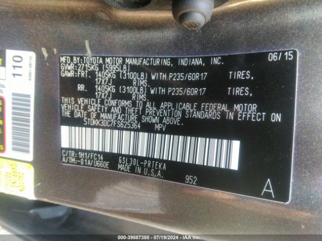 5TDKK3DC7FS625364 Toyota Sienna Le 8 Passenger