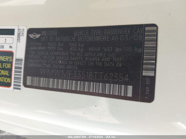 2008 MINI COOPER WMWMF33518TT62354 Photo 8