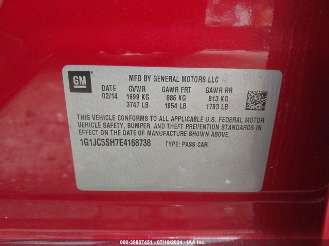 Chevrolet Sonic Lt Auto 2014 1G1JC5SH7E4168738 Image 9