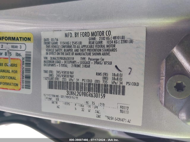 3LN6L2G98GR630159 Lincoln MKZ