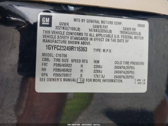 2009 CADILLAC ESCALADE 1GYFC23249R116363 Photo 8