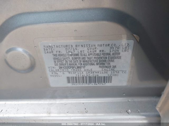 3N1CE2CP0FL369717 Nissan Versa Note S (sr)/s Plus/sl/sr/sv