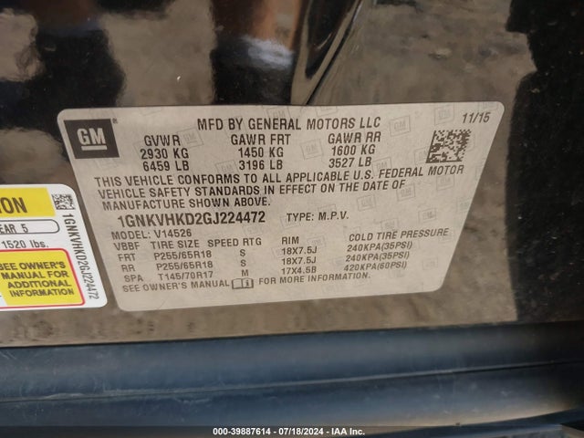 Chevrolet Traverse 2lt 2016 1GNKVHKD2GJ224472 Image 9
