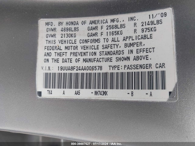 2010 Acura Tl 3.5 მანქანა იყიდება აუქციონზე, vin: 19UUA8F24AA006578, აუქციონის ნომერი: 39887627