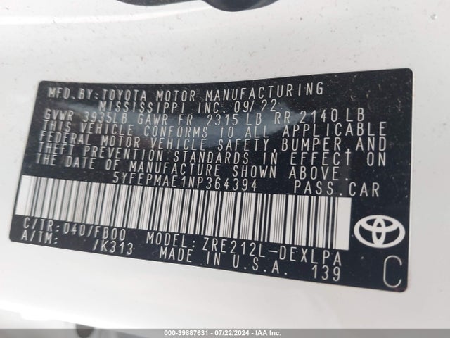 Toyota COROLLA LE 2022 5YFEPMAE1NP364394 Image 9