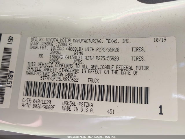 Toyota Tundra Platinum 2020 5TFAY5F15LX895622 Image 9