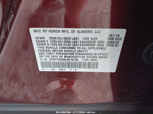 Honda Pilot Awd Elite 2020 5FNYF6H08LB016736 Image 9