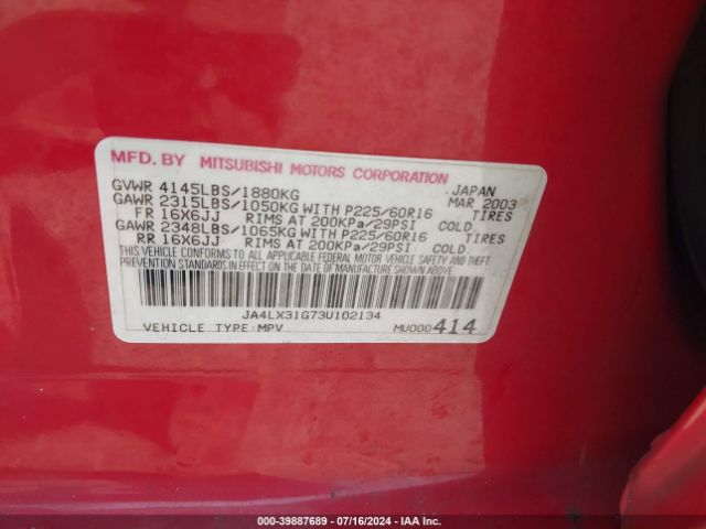 2003 MITSUBISHI OUTLANDER JA4LX31G73U102134 Photo 8