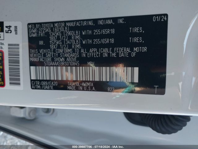 5TDAAAA59RS010845 Toyota Grand Highlander Xle