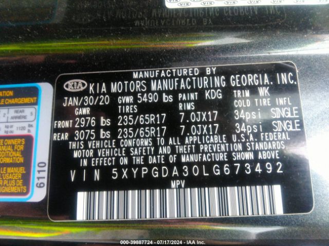 5XYPGDA30LG673492 KIA Sorento 2.4l Lx