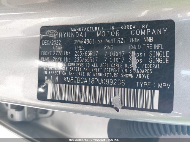 KM8JBCA18PU099236 Hyundai Tucson Hybrid Blue